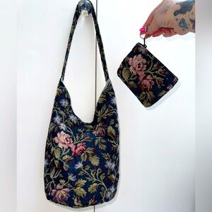 Handmade Rose Floral Tapestry Hobo Bucket Shoulder Bag Made in USA w Coin Purse